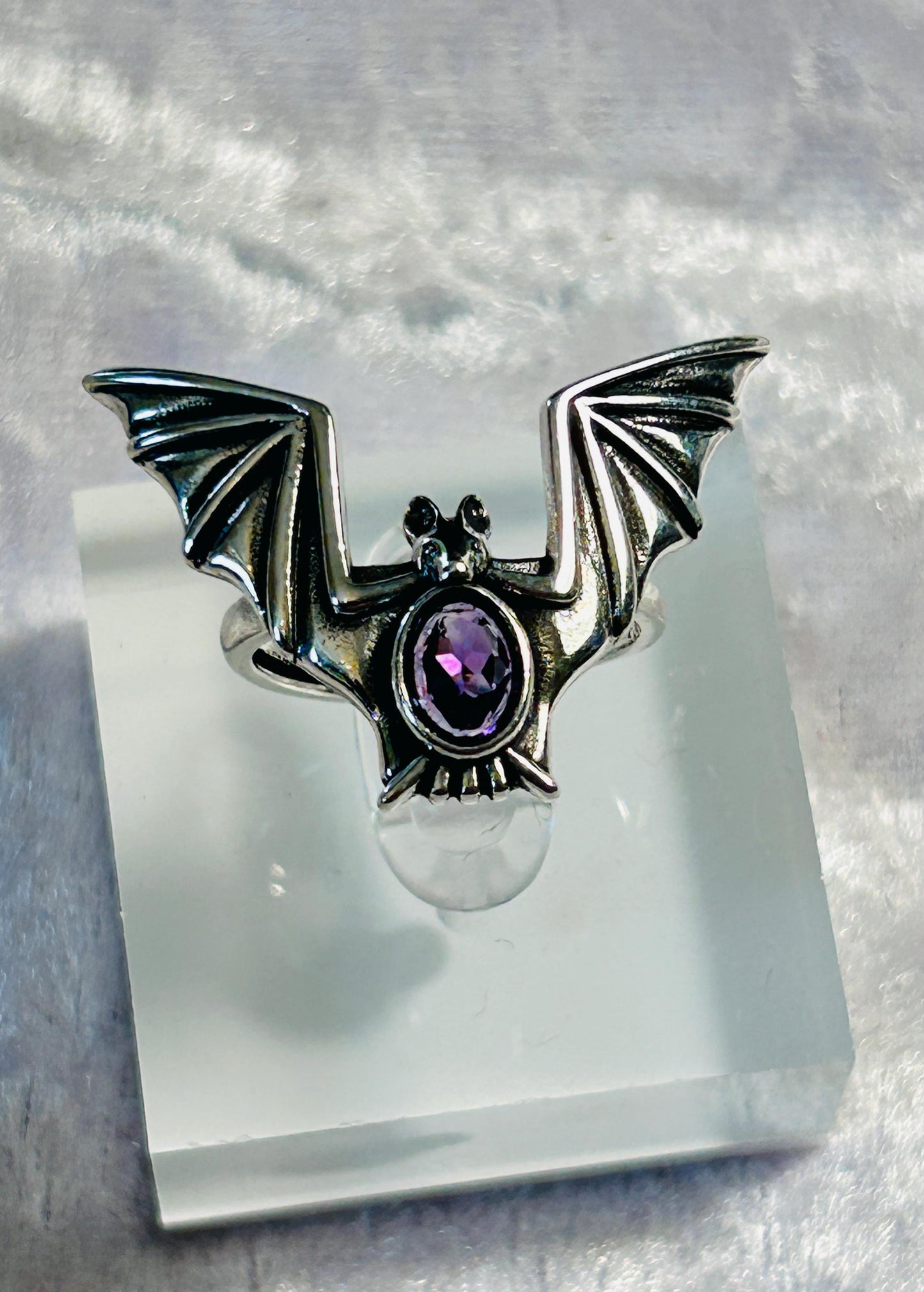 Flying Bat Ring with Amethyst in 925 Sterling Silver & Adjustable Band - Gothic Statement Jewellery