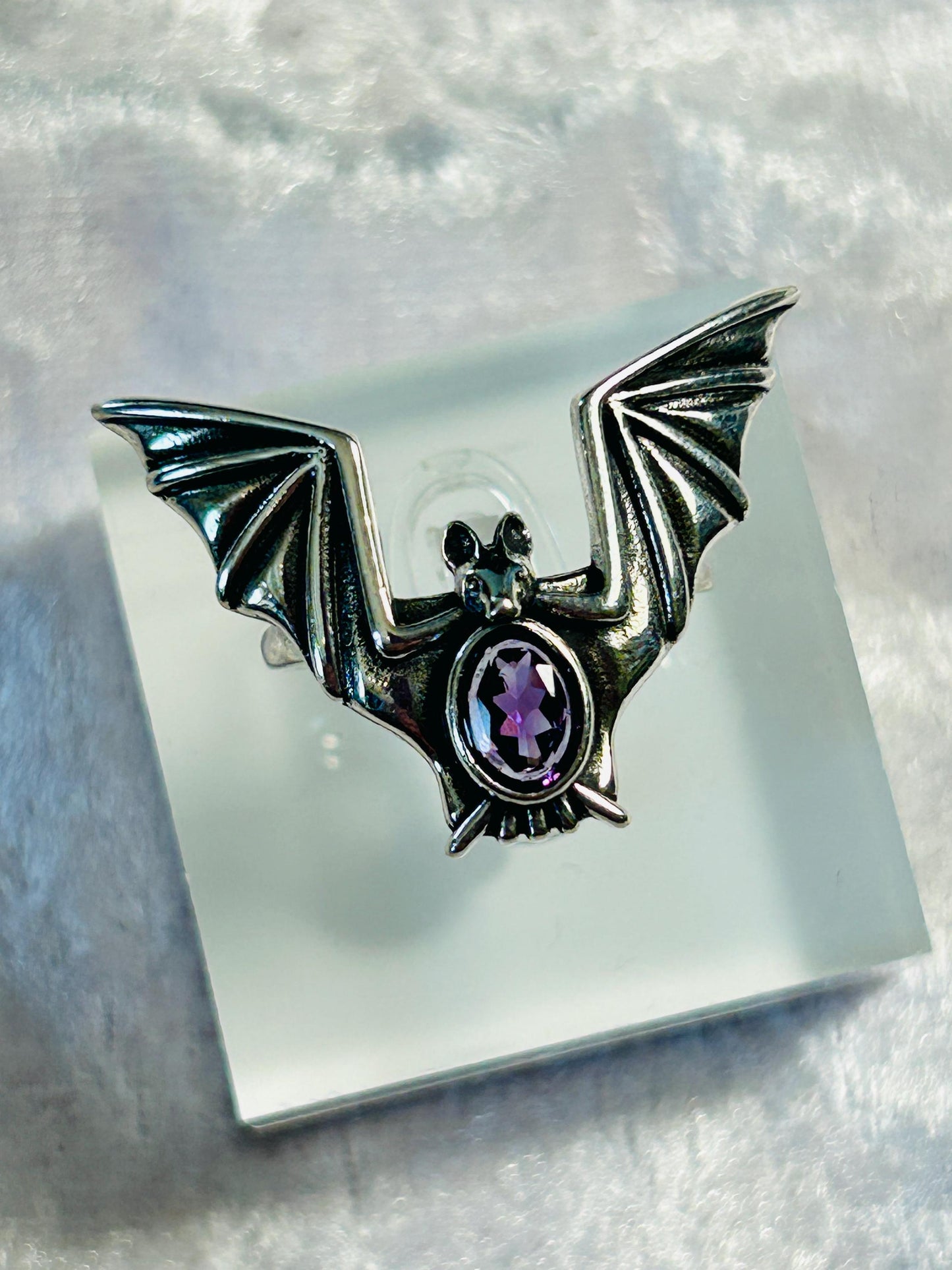 Flying Bat Ring with Amethyst in 925 Sterling Silver & Adjustable Band - Gothic Statement Jewellery