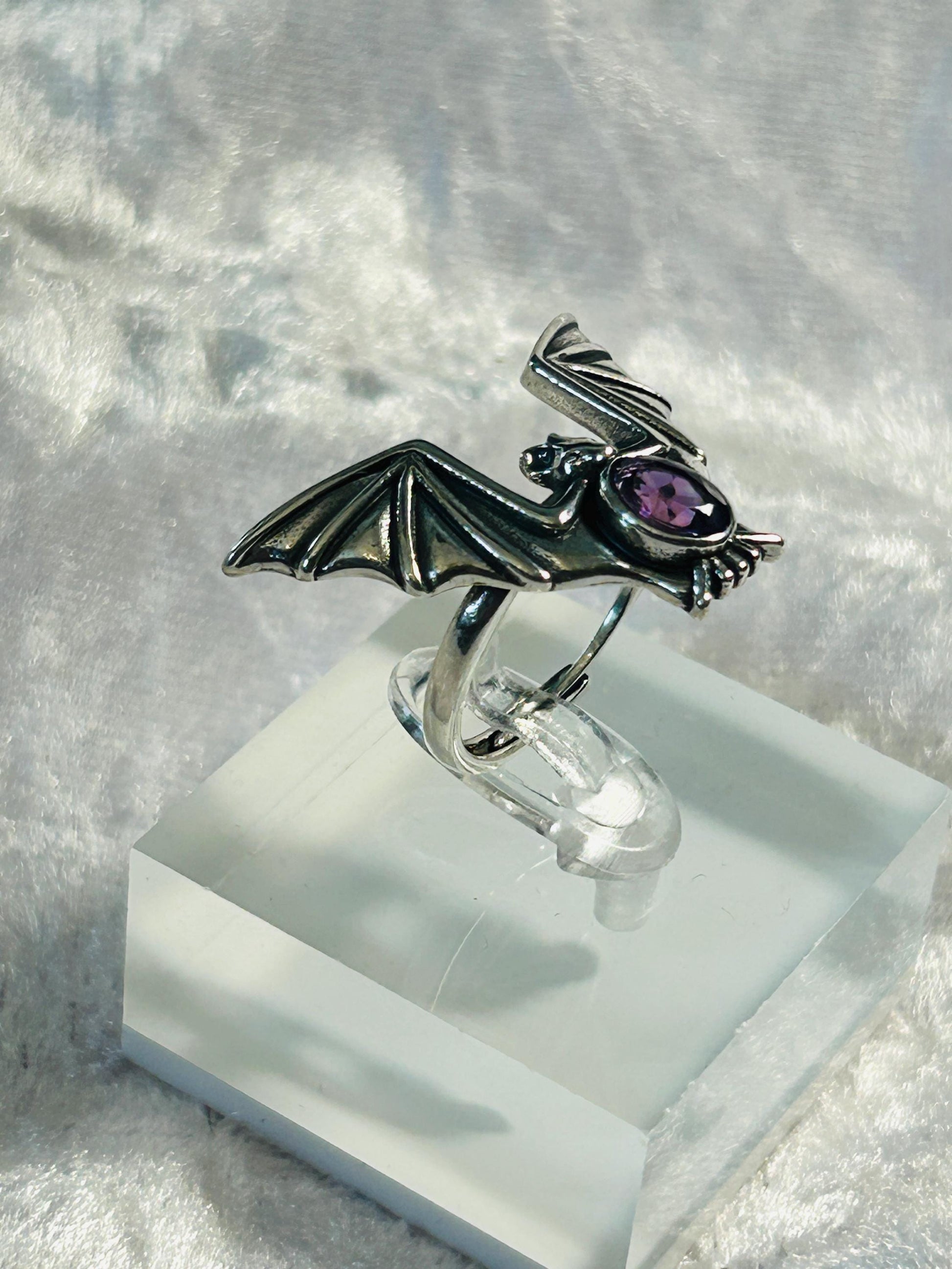 Flying Bat Ring with Amethyst in 925 Sterling Silver & Adjustable Band - Gothic Statement Jewellery Celtic Dragon Jewellery