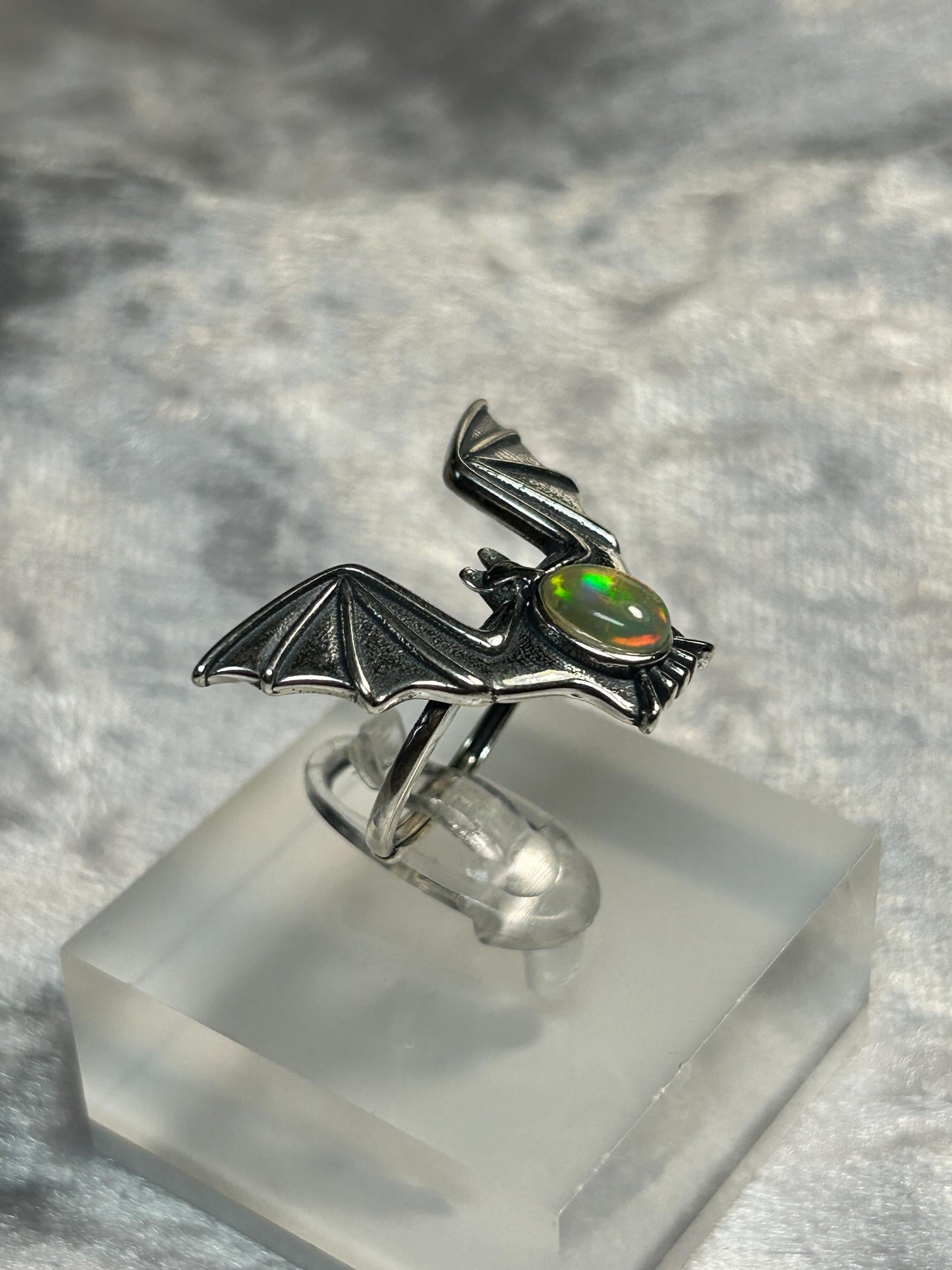 Flying Bat Ring with Opal in 925 Sterling Silver & Adjustable Band Celtic Dragon Jewellery