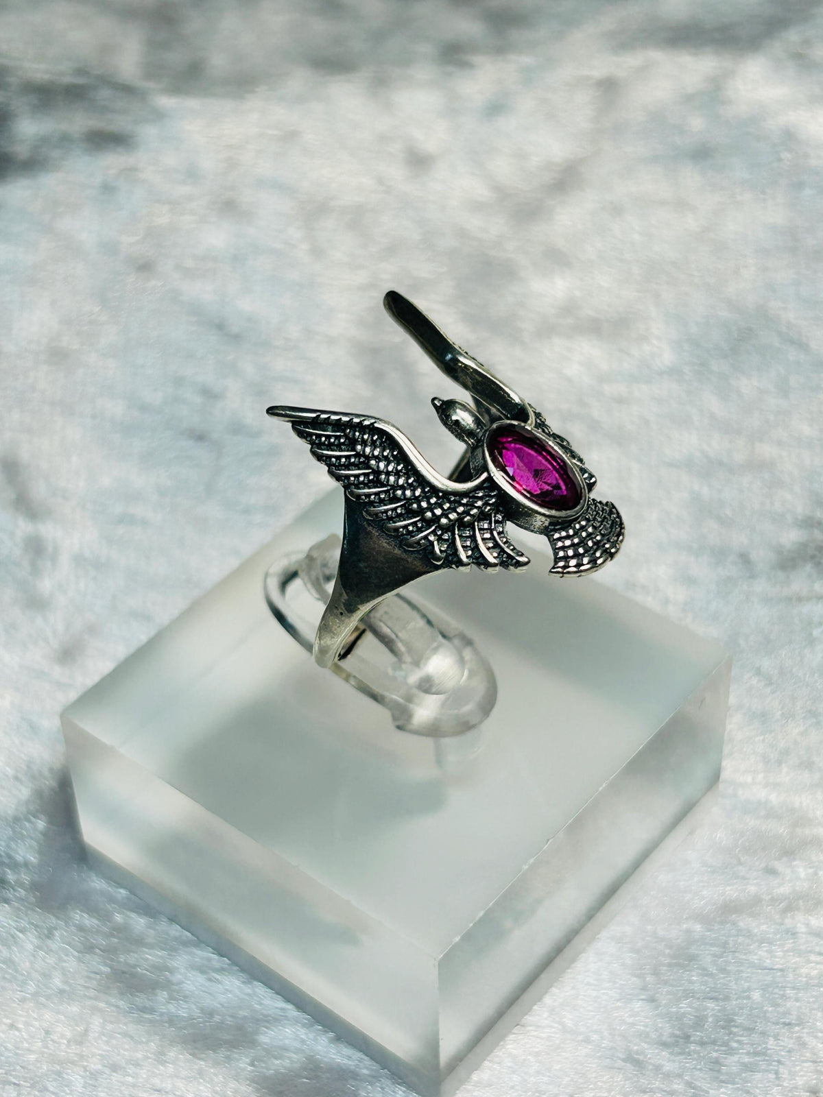 Flying Eagle Ring with Pink Topaz in 925 Sterling Silver & Adjustable Band