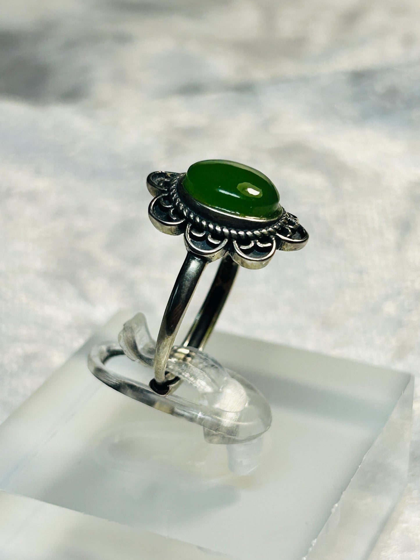 Jade Ring With Flower Design in 925 Sterling Silver & Adjustable Band Celtic Dragon Jewellery