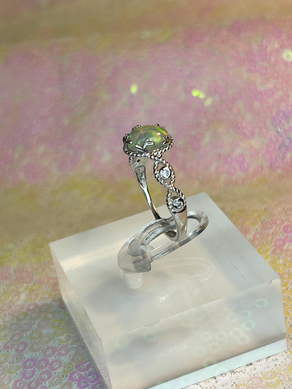 Dainty Opal Ring in 925 Sterling Silver - Adjustable Infinity Design Celtic Dragon Jewellery