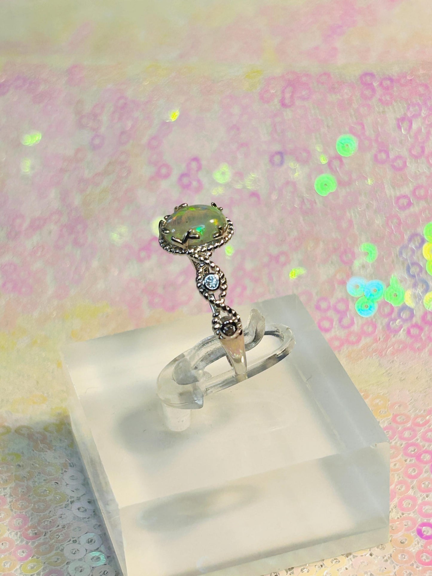 Dainty Opal Ring in 925 Sterling Silver - Adjustable Infinity Design Celtic Dragon Jewellery