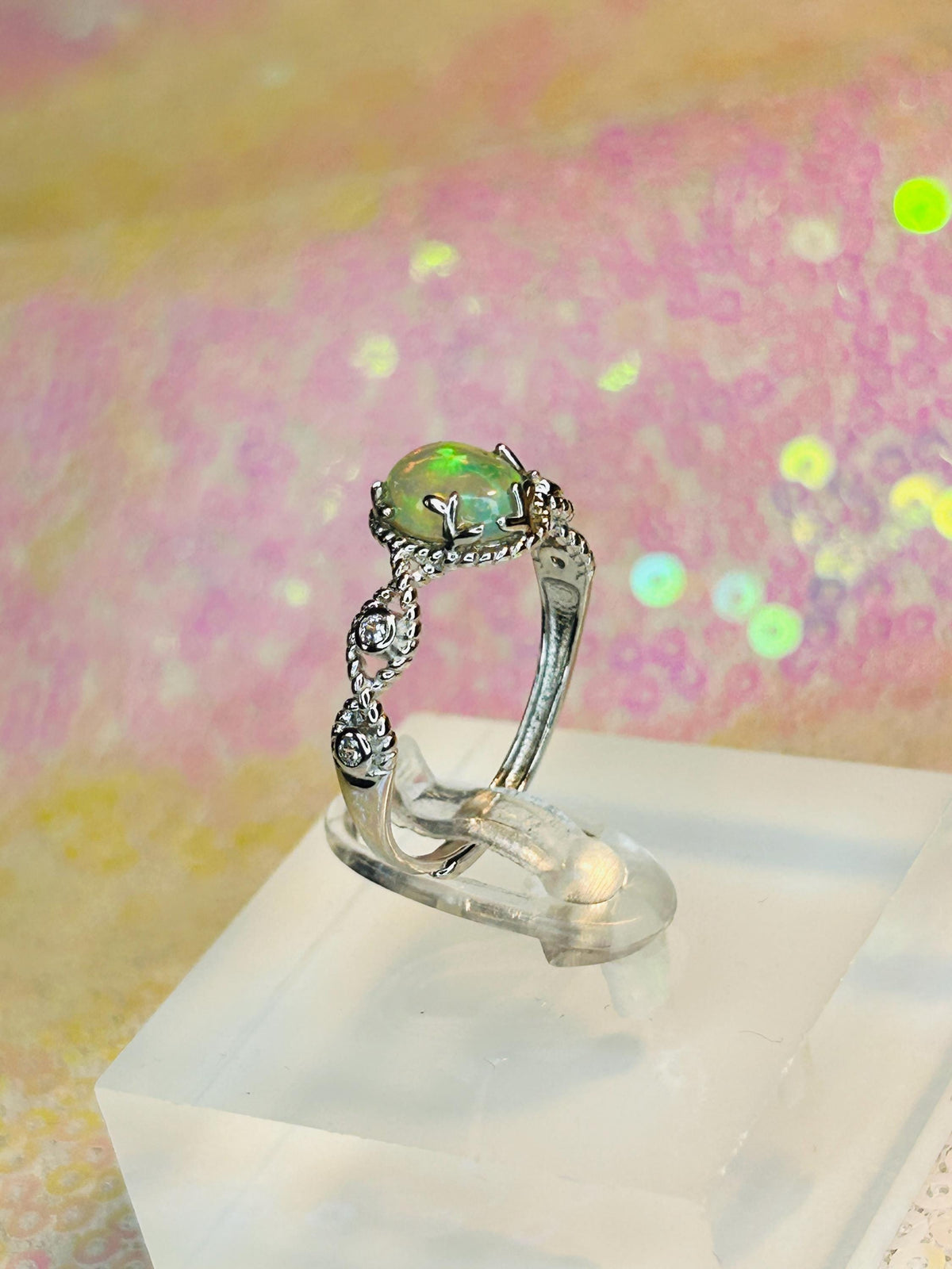 Dainty Opal Ring in 925 Sterling Silver - Adjustable Infinity Design Celtic Dragon Jewellery
