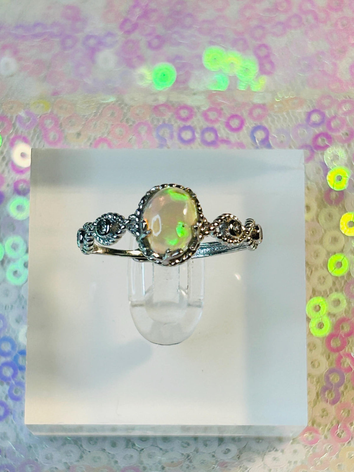 Dainty Opal Ring in 925 Sterling Silver - Adjustable Infinity Design