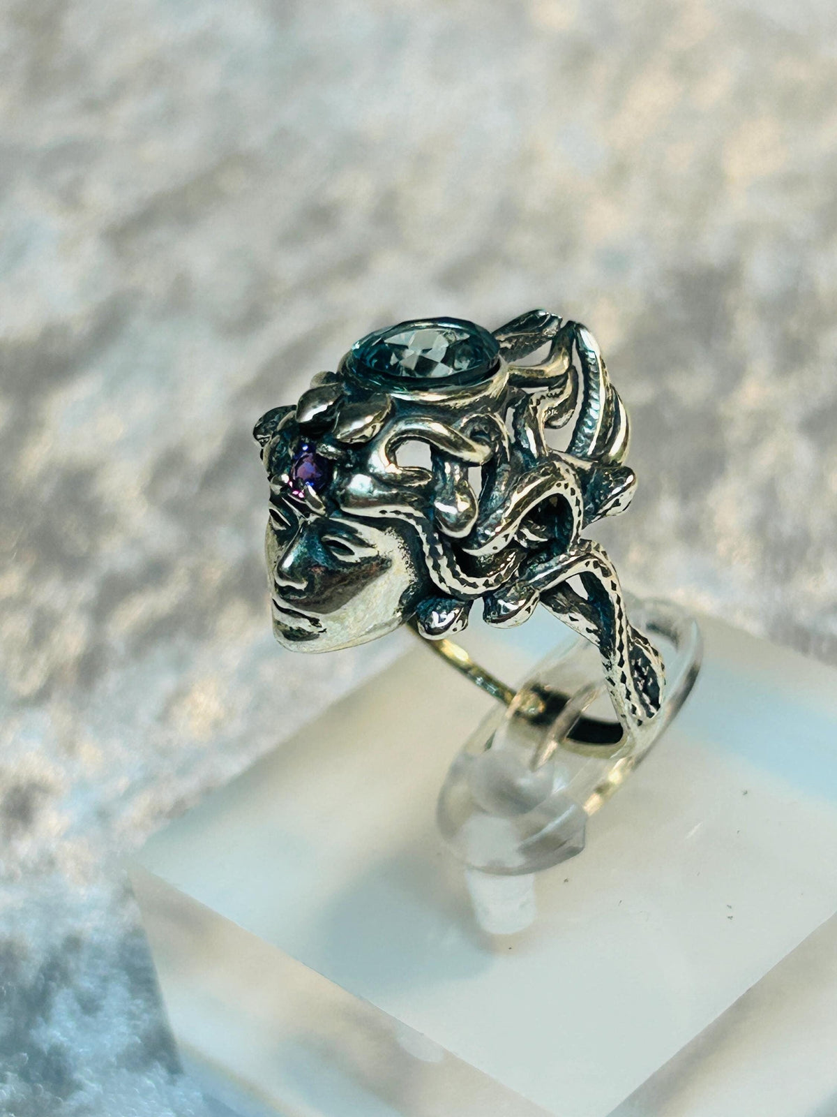 Medusa Ring with Blue Topaz & Amethyst, 925 Sterling Silver - Adjustable Greek Mythology Jewellery Celtic Dragon Jewellery