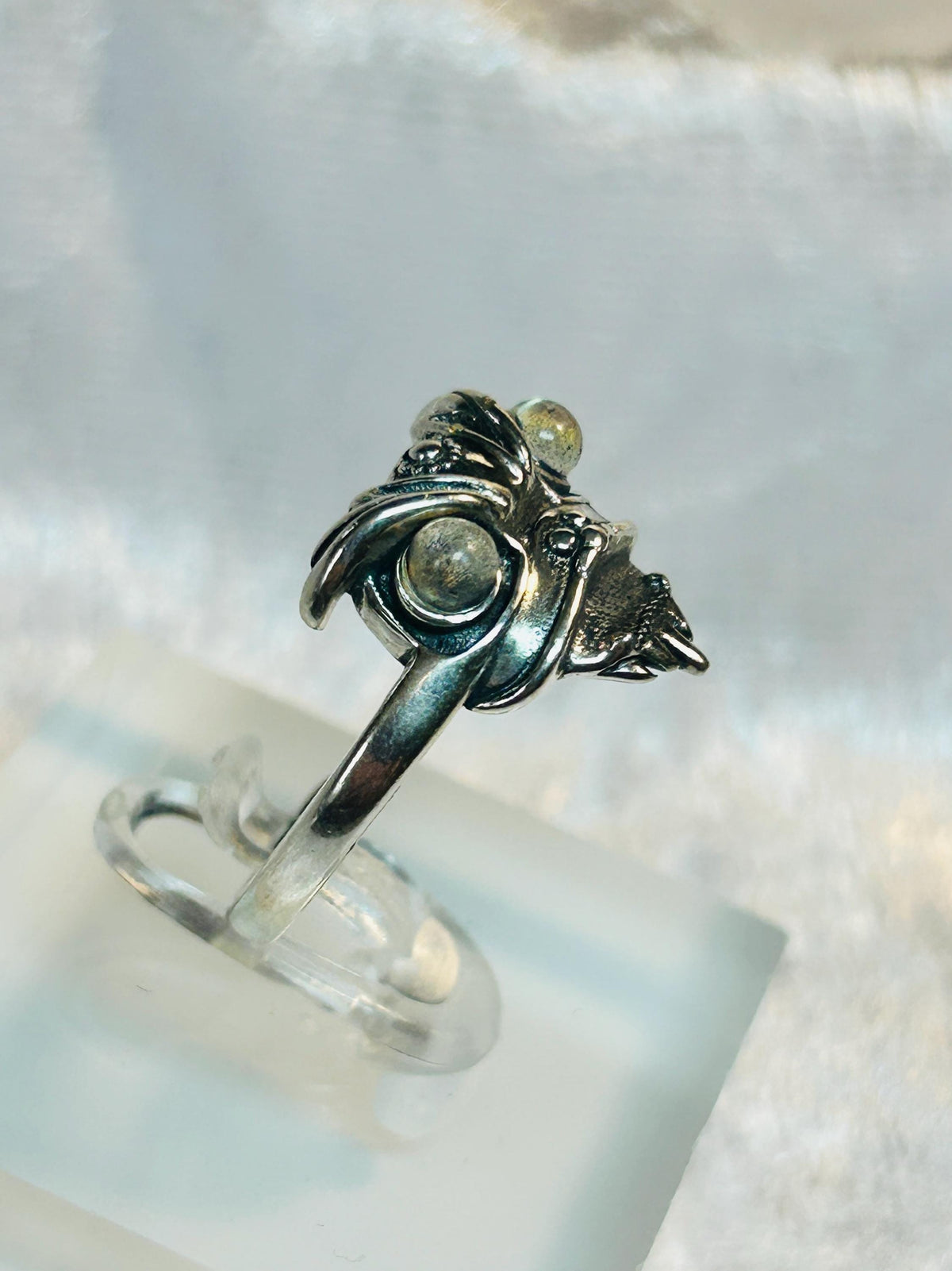 Foo Dog Ring with Labradorite Eyes in 925 Sterling Silver - Adjustable Temple Lion Jewellery Celtic Dragon Jewellery