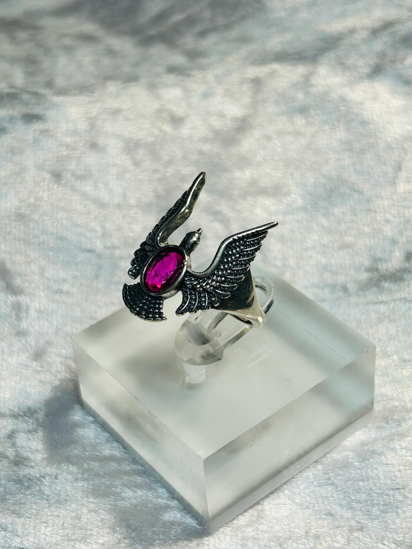 Flying Eagle Ring with Pink Topaz in 925 Sterling Silver & Adjustable Band
