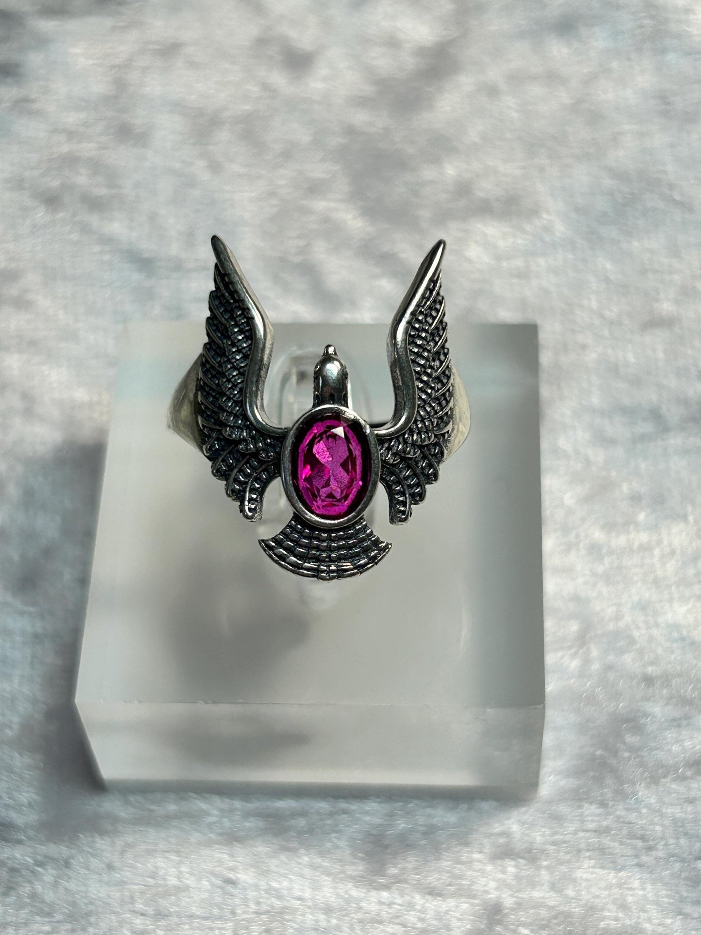 Flying Eagle Ring with Pink Topaz in 925 Sterling Silver & Adjustable Band