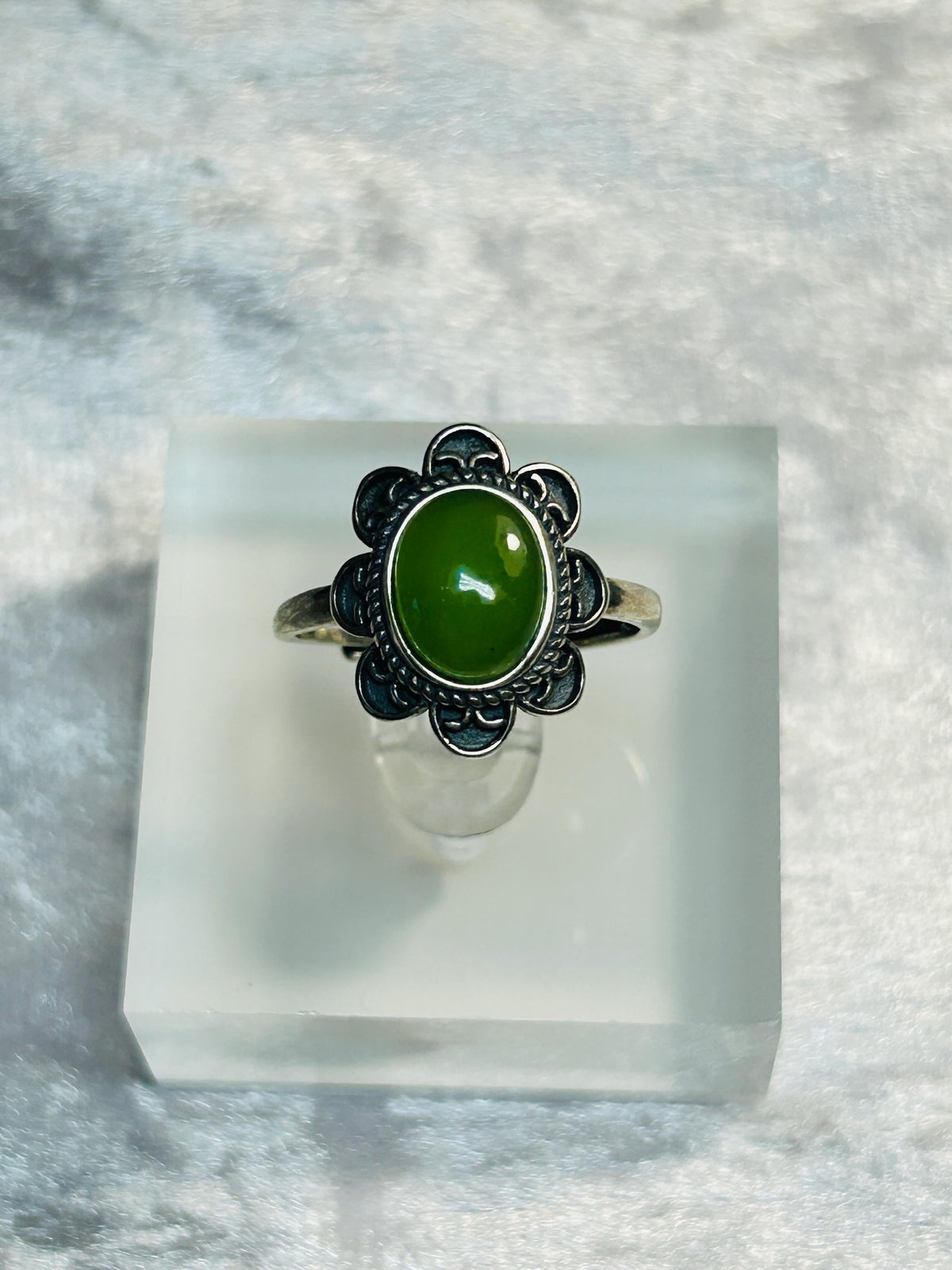 Jade Ring With Flower Design in 925 Sterling Silver & Adjustable Band Celtic Dragon Jewellery