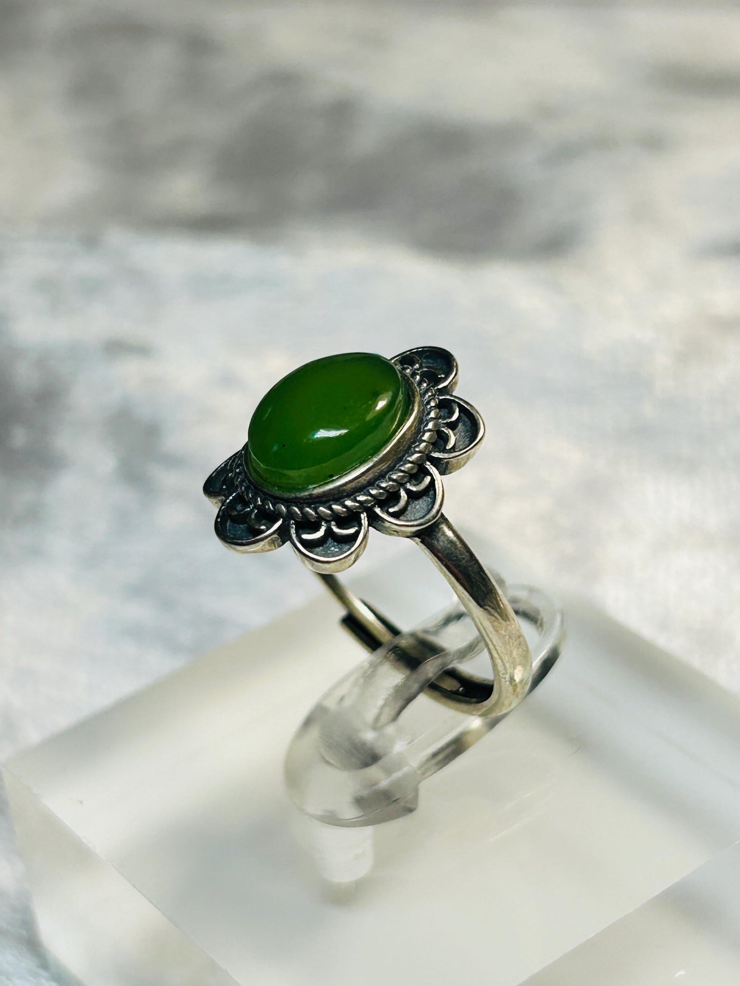 Jade Ring With Flower Design in 925 Sterling Silver & Adjustable Band Celtic Dragon Jewellery