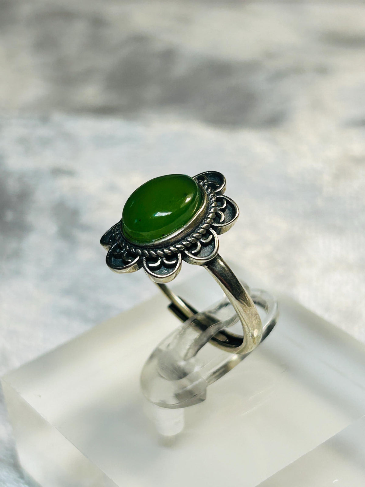 Jade Ring With Flower Design in 925 Sterling Silver & Adjustable Band Celtic Dragon Jewellery