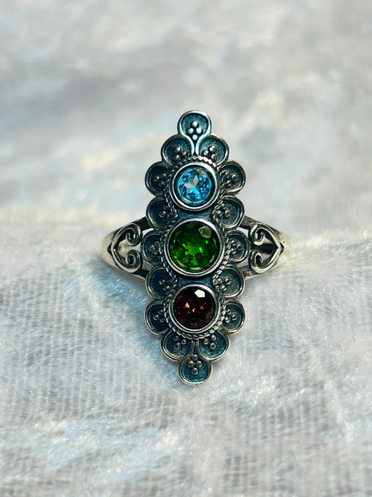 Triple Gemstone Ring with Garnet, Topaz & Diopside, Set in Ornate 925 Sterling Silver Setting Celtic Dragon Jewellery