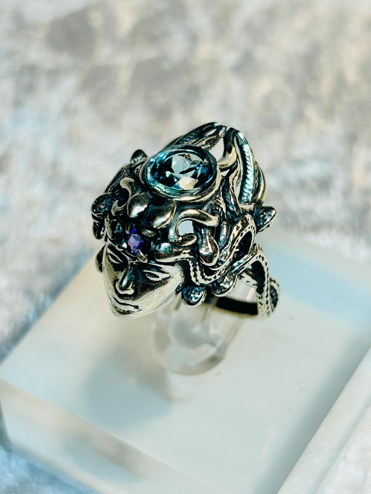 Medusa Ring with Blue Topaz & Amethyst, 925 Sterling Silver - Adjustable Greek Mythology Jewellery Celtic Dragon Jewellery