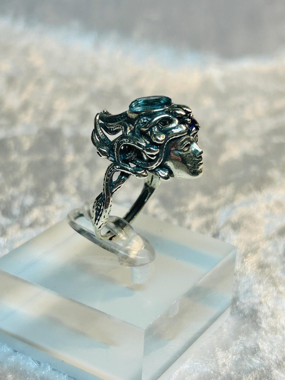 Medusa Ring with Blue Topaz & Amethyst, 925 Sterling Silver - Adjustable Greek Mythology Jewellery Celtic Dragon Jewellery