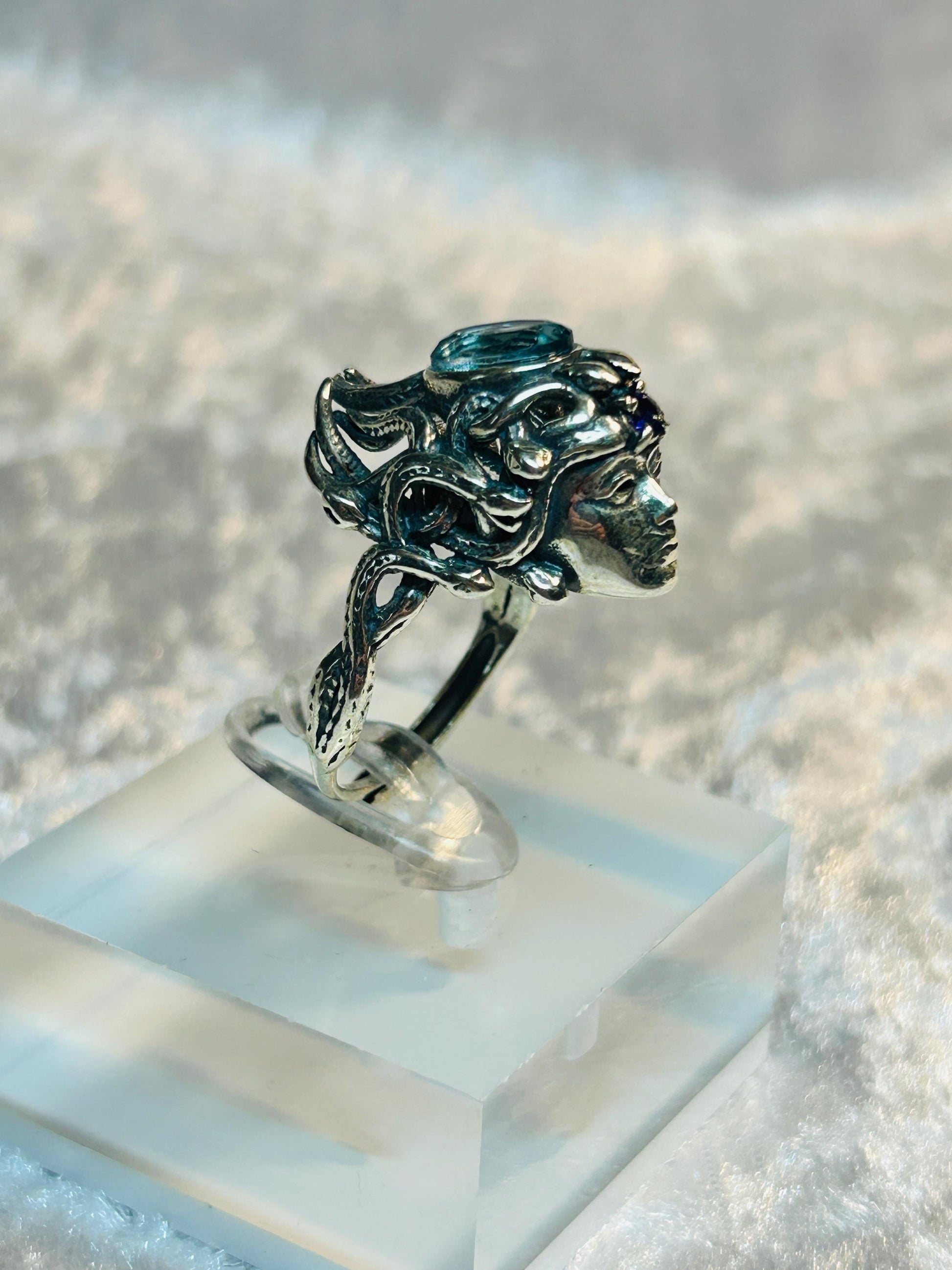 Medusa Ring with Blue Topaz & Amethyst, 925 Sterling Silver - Adjustable Greek Mythology Jewellery Celtic Dragon Jewellery