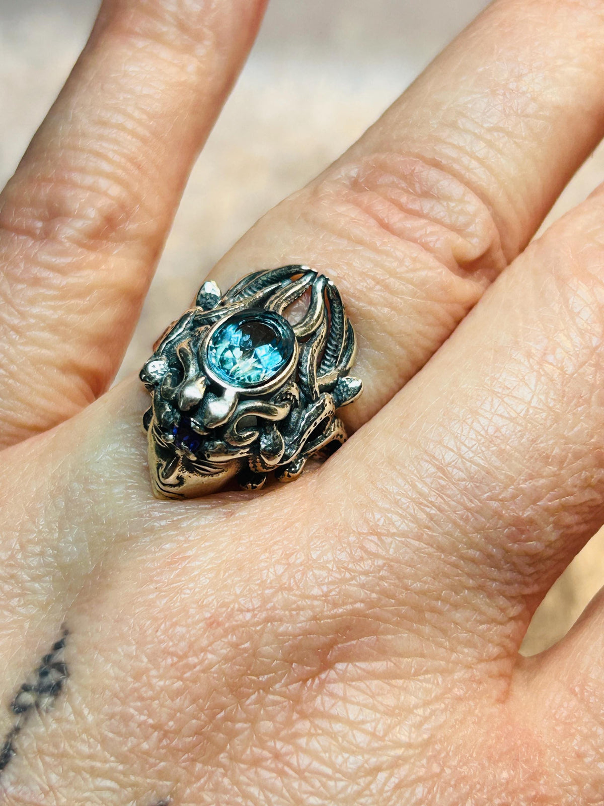 Medusa Ring with Blue Topaz & Amethyst, 925 Sterling Silver - Adjustable Greek Mythology Jewellery Celtic Dragon Jewellery
