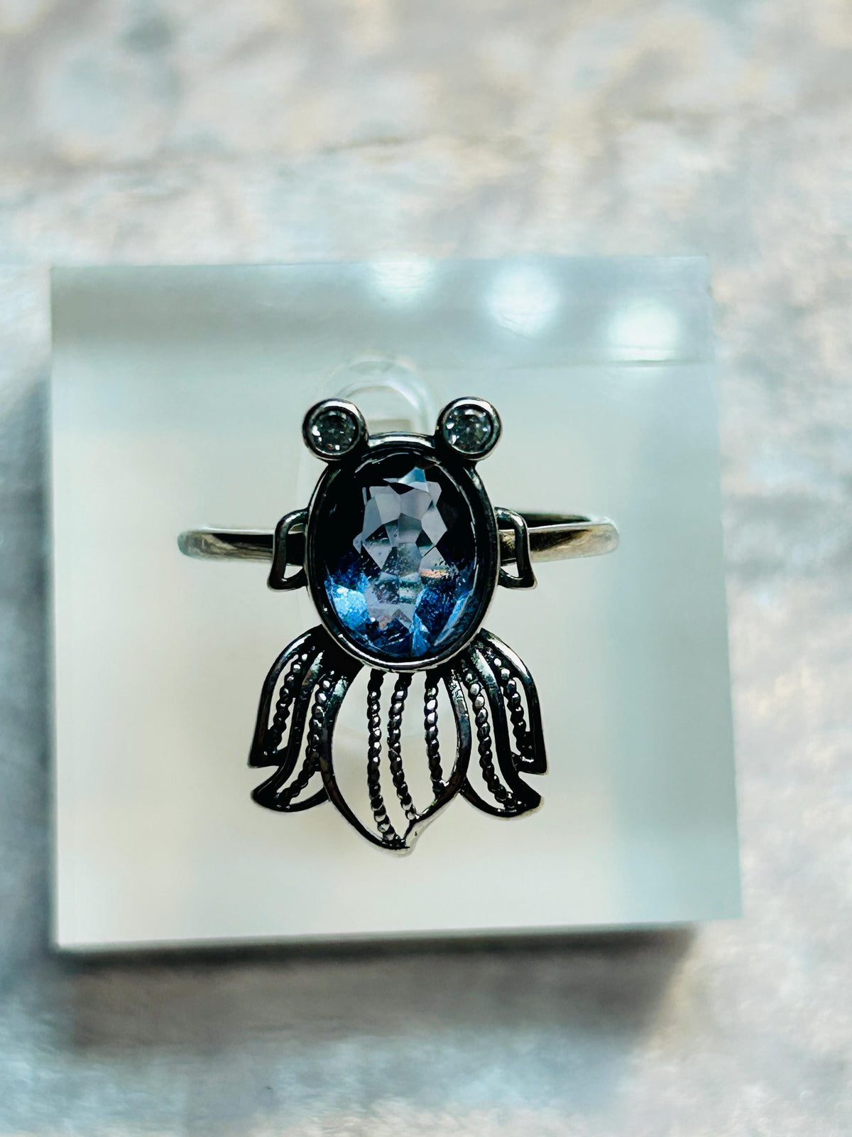 Fancy Fish Ring with Blue Fluorite in 925 Sterling Silver, Adjustable Gothic Jewellery Celtic Dragon Jewellery