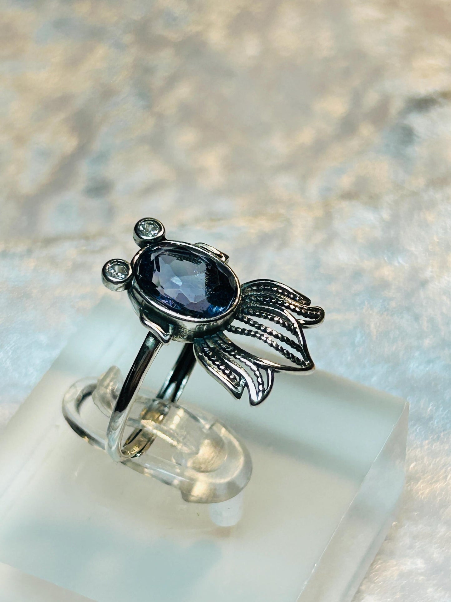 Fancy Fish Ring with Blue Fluorite in 925 Sterling Silver, Adjustable Gothic Jewellery Celtic Dragon Jewellery