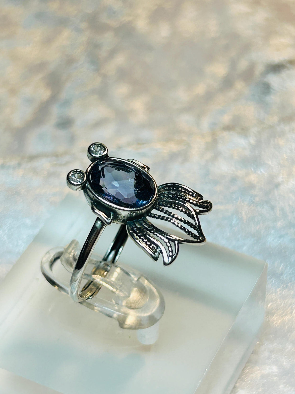 Fancy Fish Ring with Blue Fluorite in 925 Sterling Silver, Adjustable Gothic Jewellery Celtic Dragon Jewellery