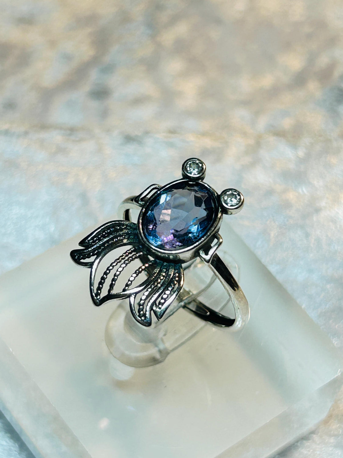 Fancy Fish Ring with Blue Fluorite in 925 Sterling Silver, Adjustable Gothic Jewellery Celtic Dragon Jewellery