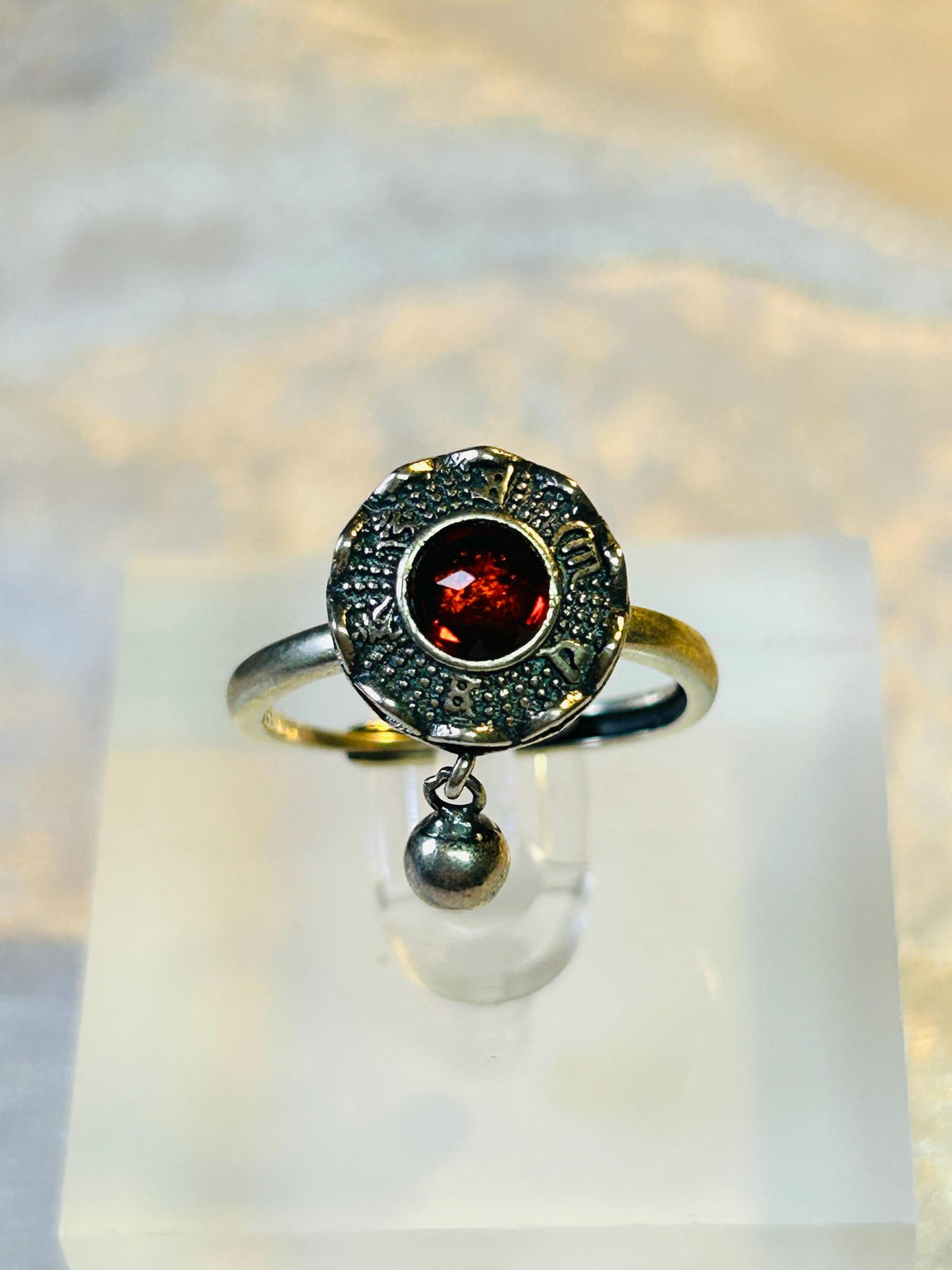 Lotus Flower Spinner Ring With Garnet in 925 Sterling Silver - Adjustable Band Celtic Dragon Jewellery
