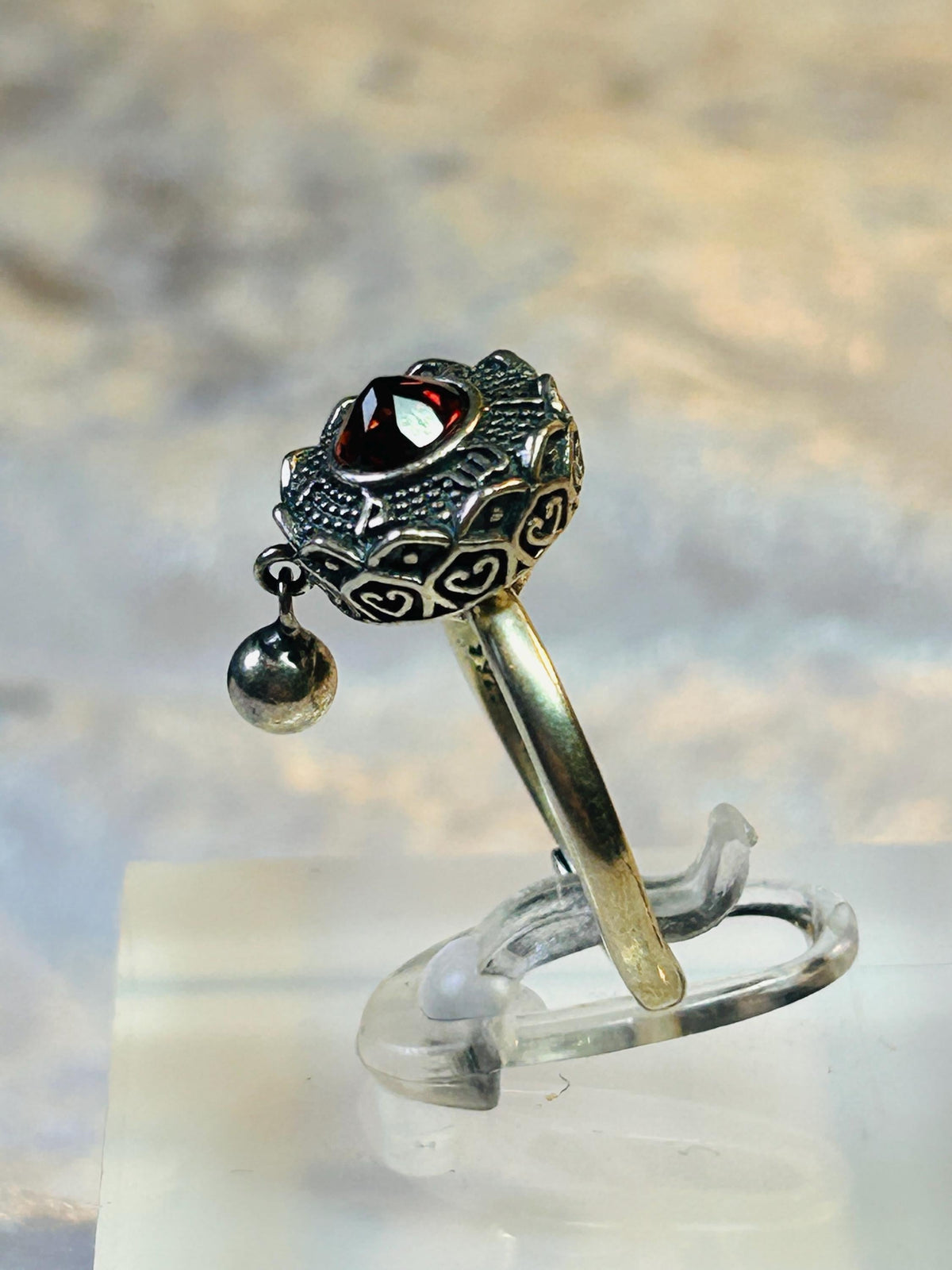 Lotus Flower Spinner Ring With Garnet in 925 Sterling Silver - Adjustable Band Celtic Dragon Jewellery