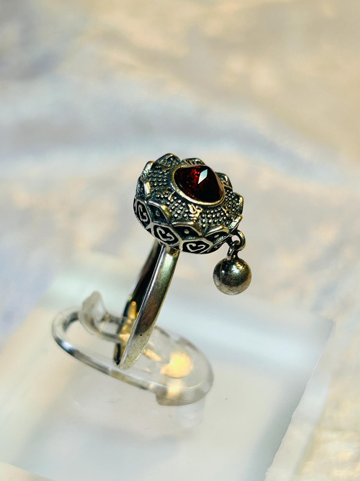 Lotus Flower Spinner Ring With Garnet in 925 Sterling Silver - Adjustable Band Celtic Dragon Jewellery