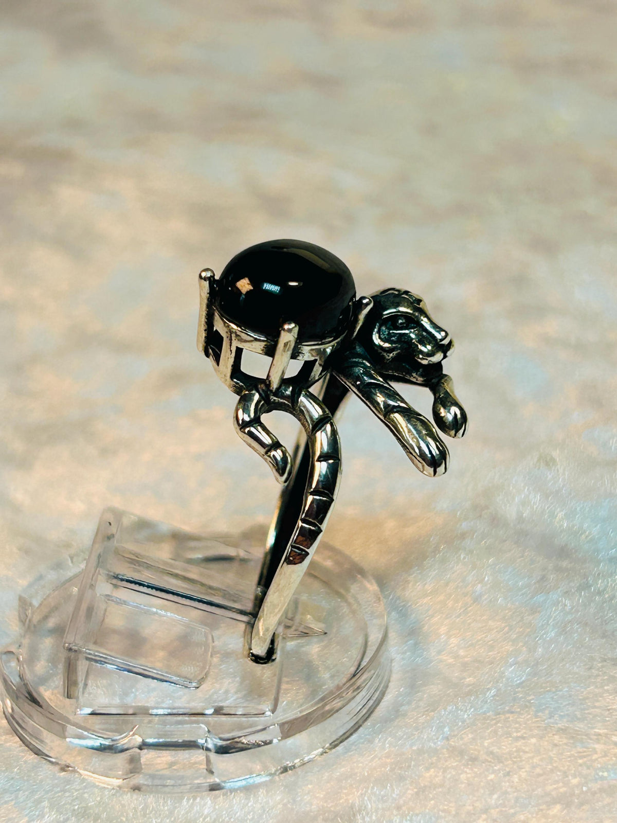 Tiger Statement Ring with Hypersthene in 925 Sterling Silver - Adjustable Animal Jewellery Celtic Dragon Jewellery