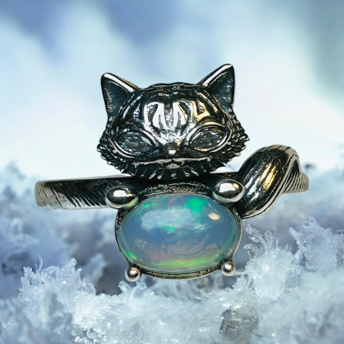Fox Ring With Opal in 925 Sterling Silver - Adjustable Animal Jewellery Celtic Dragon Jewellery