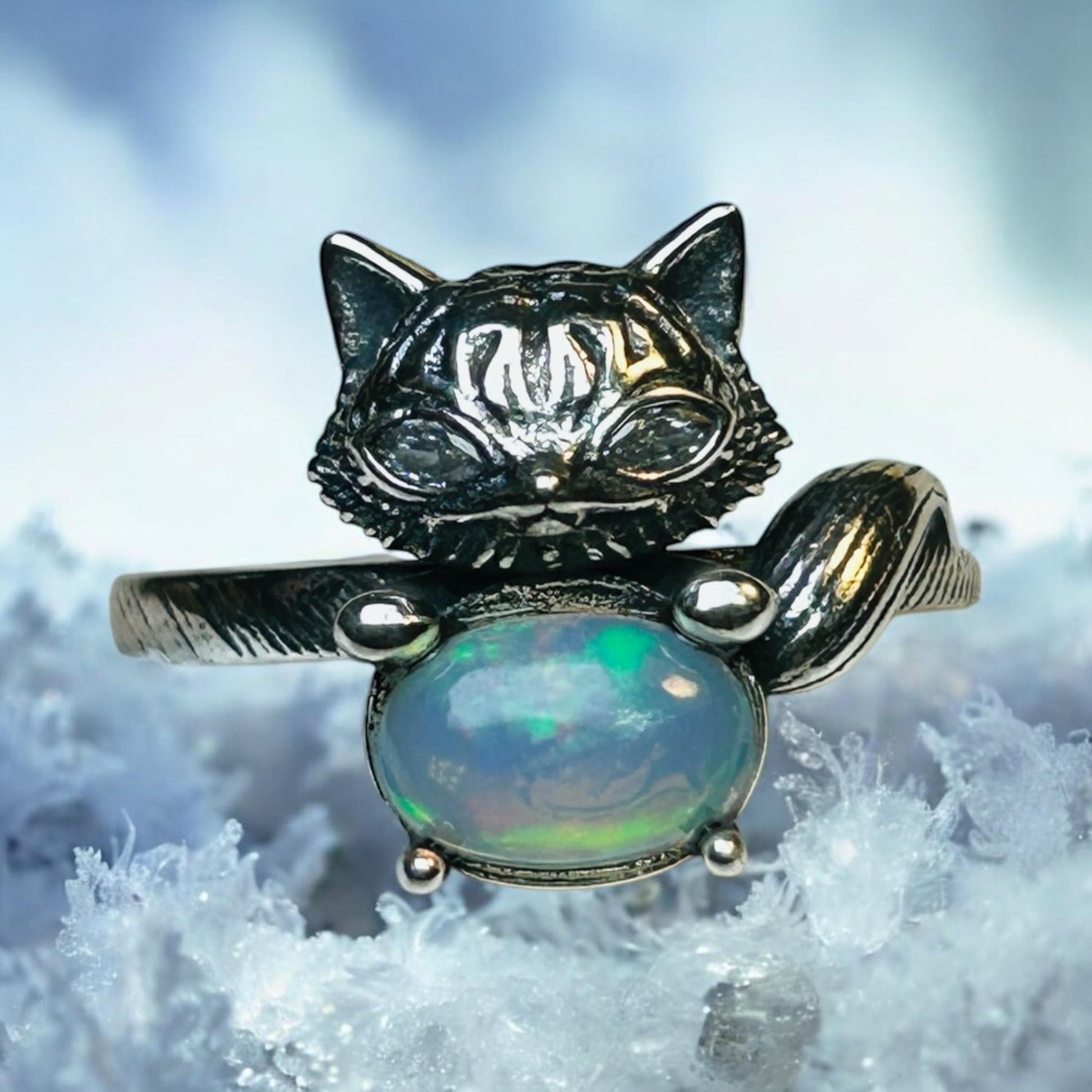 Fox Ring With Opal in 925 Sterling Silver - Adjustable Animal Jewellery Celtic Dragon Jewellery