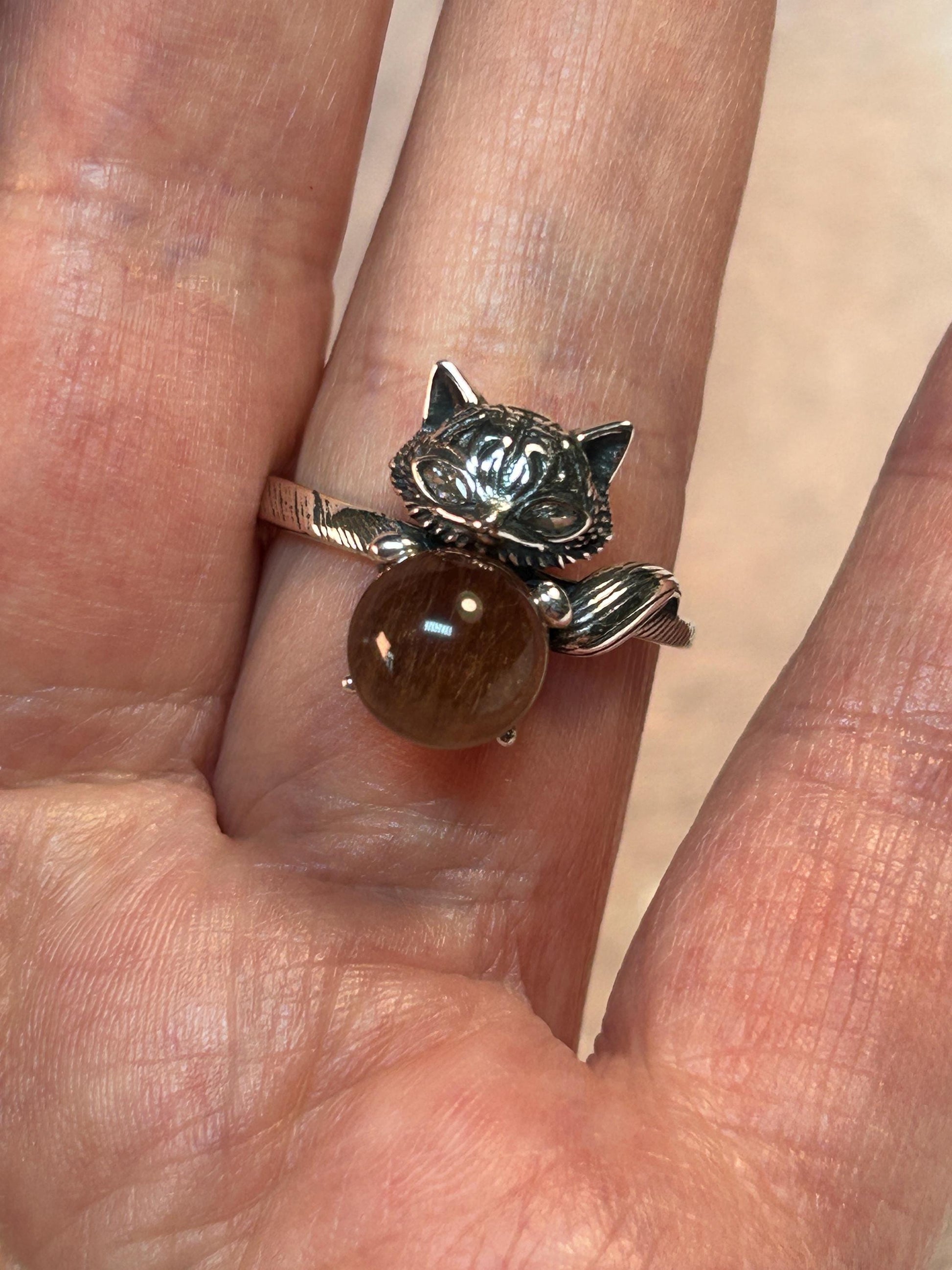 Fox Ring with Rabbit Hair Quartz in 925 Sterling Silver - Adjustable Animal Jewellery Celtic Dragon Jewellery
