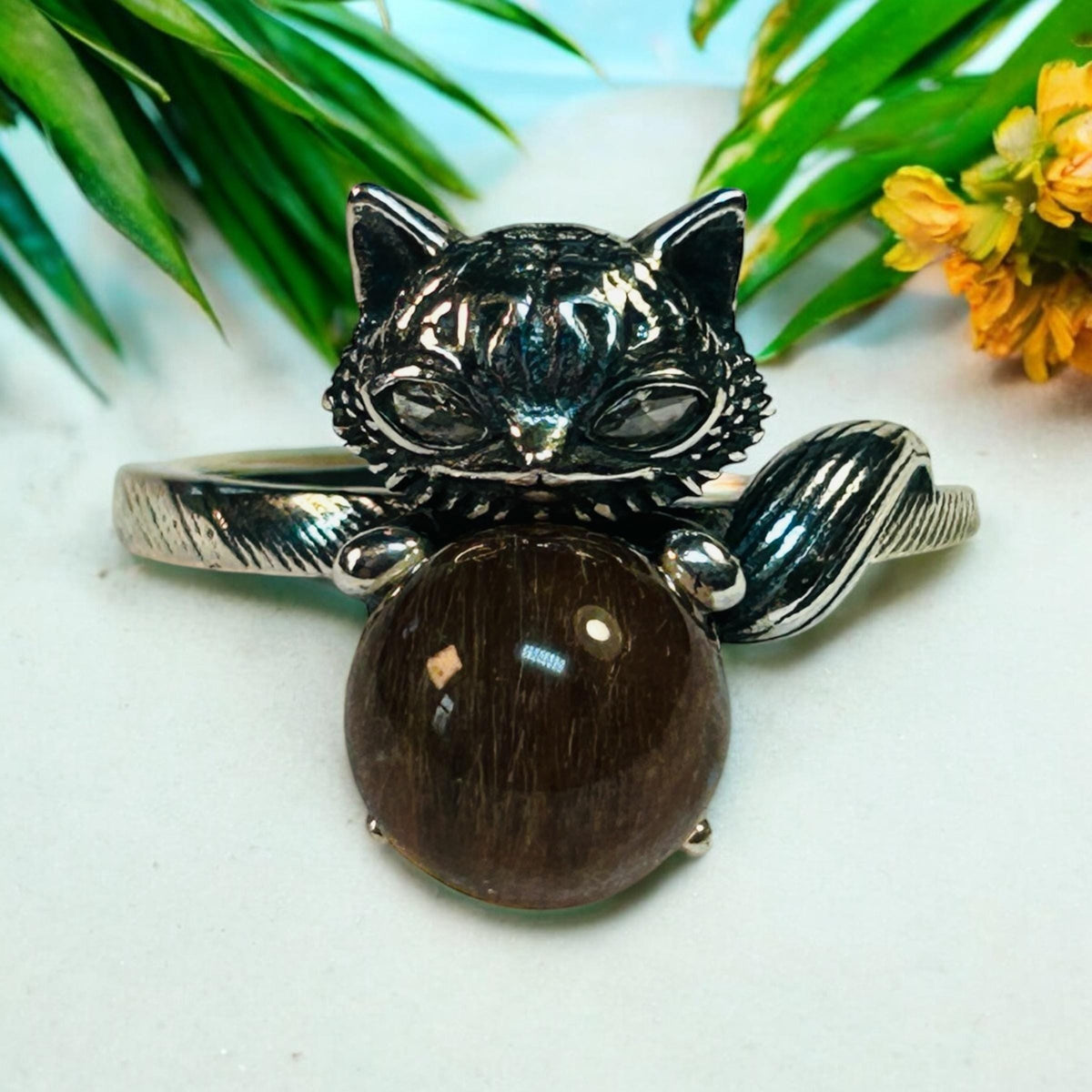 Fox Ring with Rabbit Hair Quartz in 925 Sterling Silver - Adjustable Animal Jewellery Celtic Dragon Jewellery