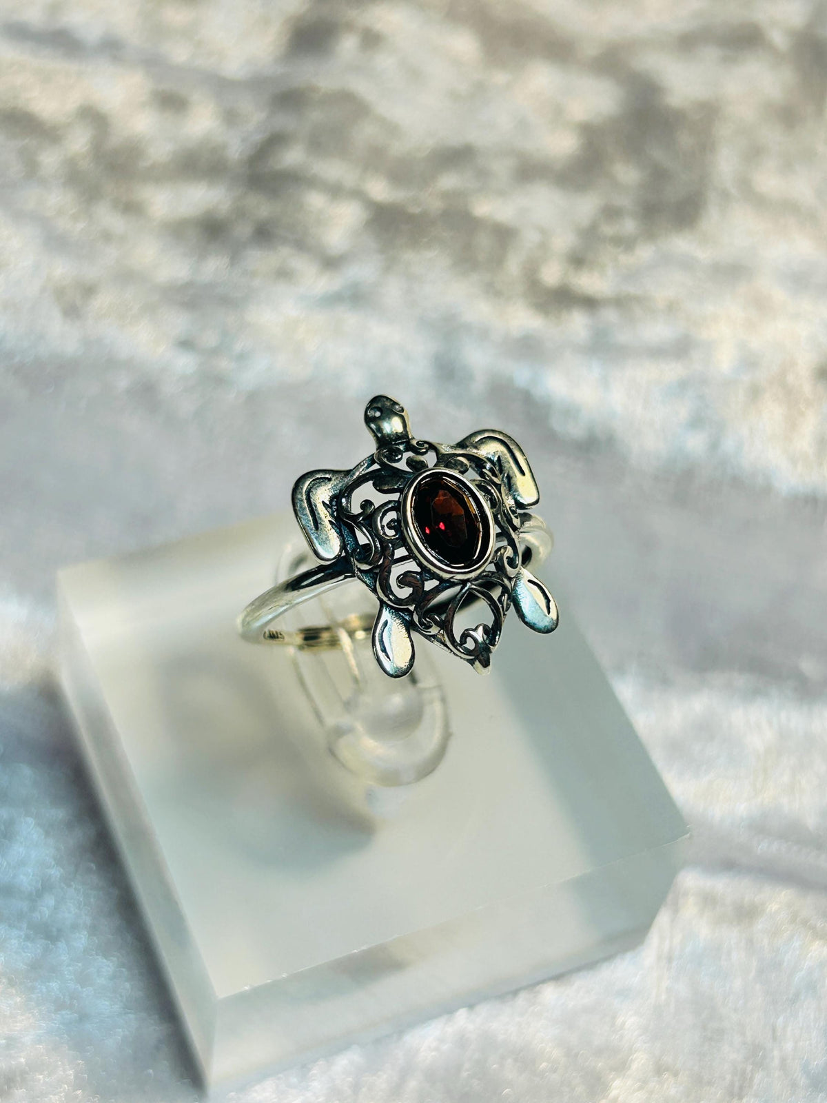 Turtle Ring with Red Garnet in 925 Sterling Silver, Adjustable Animal Jewellery Celtic Dragon Jewellery