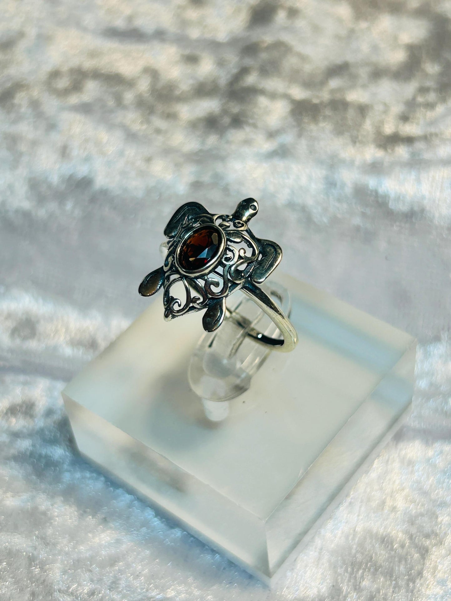 Turtle Ring with Red Garnet in 925 Sterling Silver, Adjustable Animal Jewellery Celtic Dragon Jewellery