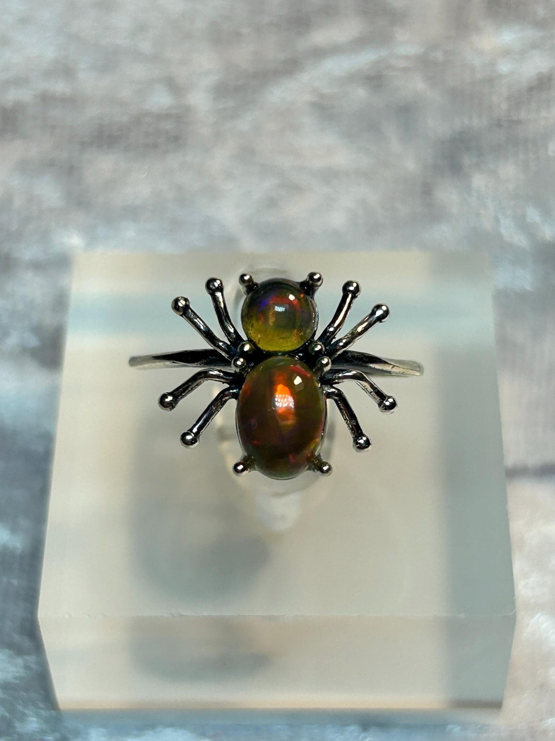 Spider Ring with Black Opal in 925 Sterling Silver, Adjustable Gothic Statement Ring Celtic Dragon Jewellery