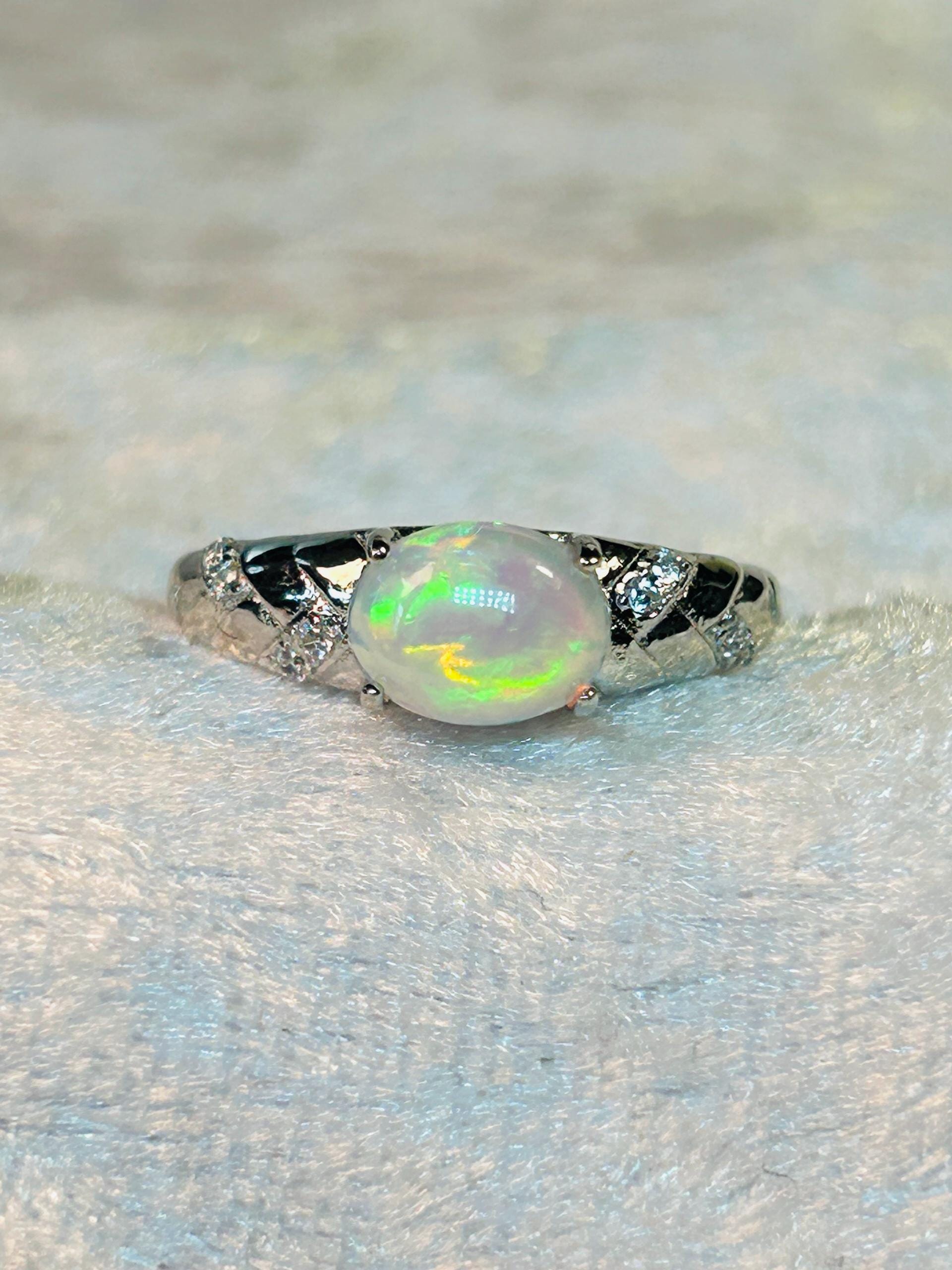 Opal Ring with CZ Accents in 925 Sterling Silver - Adjustable Jewellery Celtic Dragon Jewellery