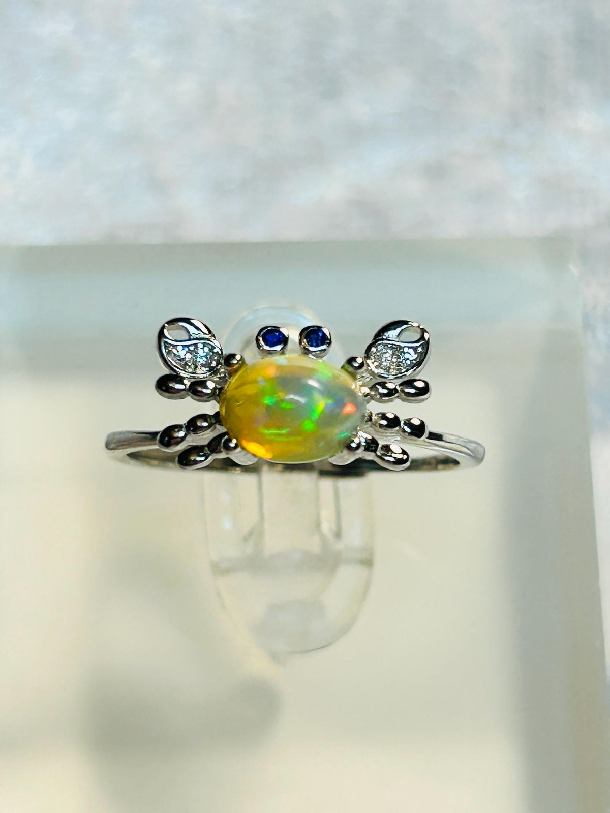 Crab Ring with Opal & CZ, Set in 925 Sterling Silver: Adjustable Band Celtic Dragon Jewellery
