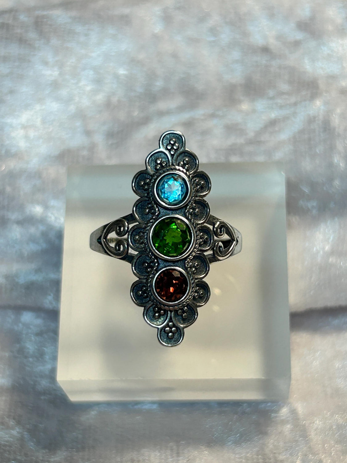 Triple Gemstone Ring with Garnet, Topaz & Diopside, Set in Ornate 925 Sterling Silver Setting Celtic Dragon Jewellery