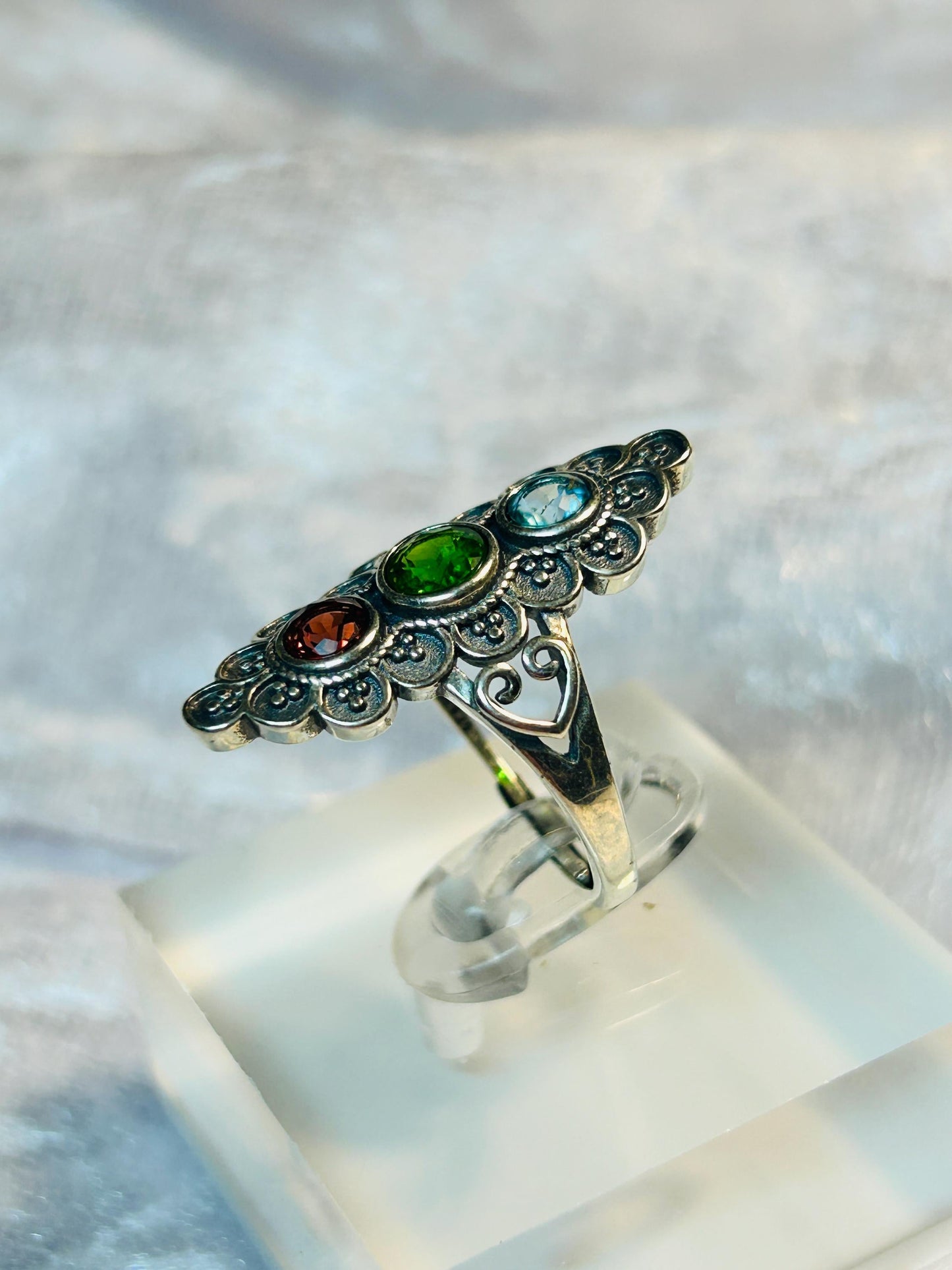 Triple Gemstone Ring with Garnet, Topaz & Diopside, Set in Ornate 925 Sterling Silver Setting Celtic Dragon Jewellery