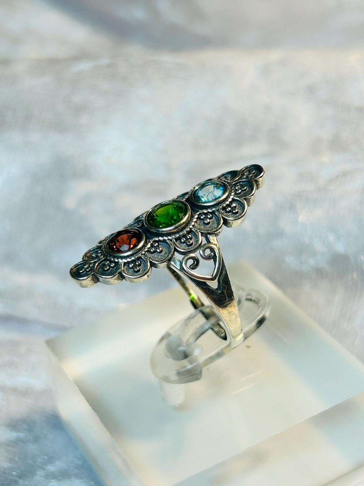 Triple Gemstone Ring with Garnet, Topaz & Diopside, Set in Ornate 925 Sterling Silver Setting Celtic Dragon Jewellery