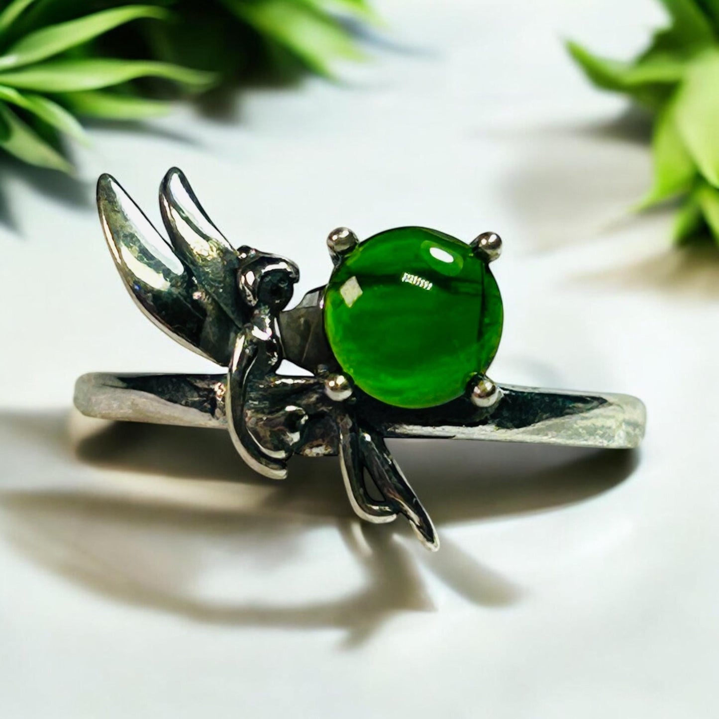 Fairy Ring With Diopside in 925 Sterling Silver - Adjustable Fantasy Jewellery Celtic Dragon Jewellery