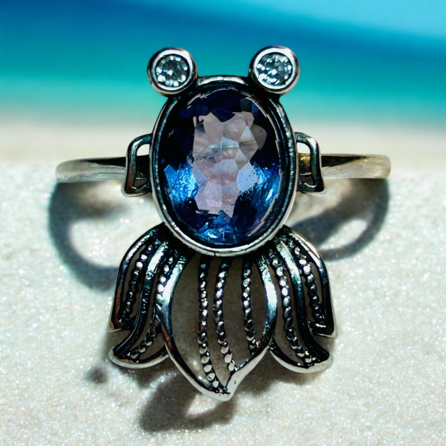 Fancy Fish Ring with Blue Fluorite in 925 Sterling Silver, Adjustable Gothic Jewellery Celtic Dragon Jewellery