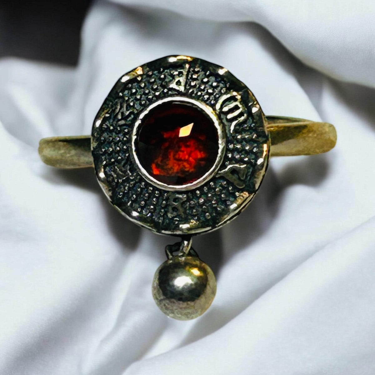 Lotus Flower Spinner Ring With Garnet in 925 Sterling Silver - Adjustable Band Celtic Dragon Jewellery
