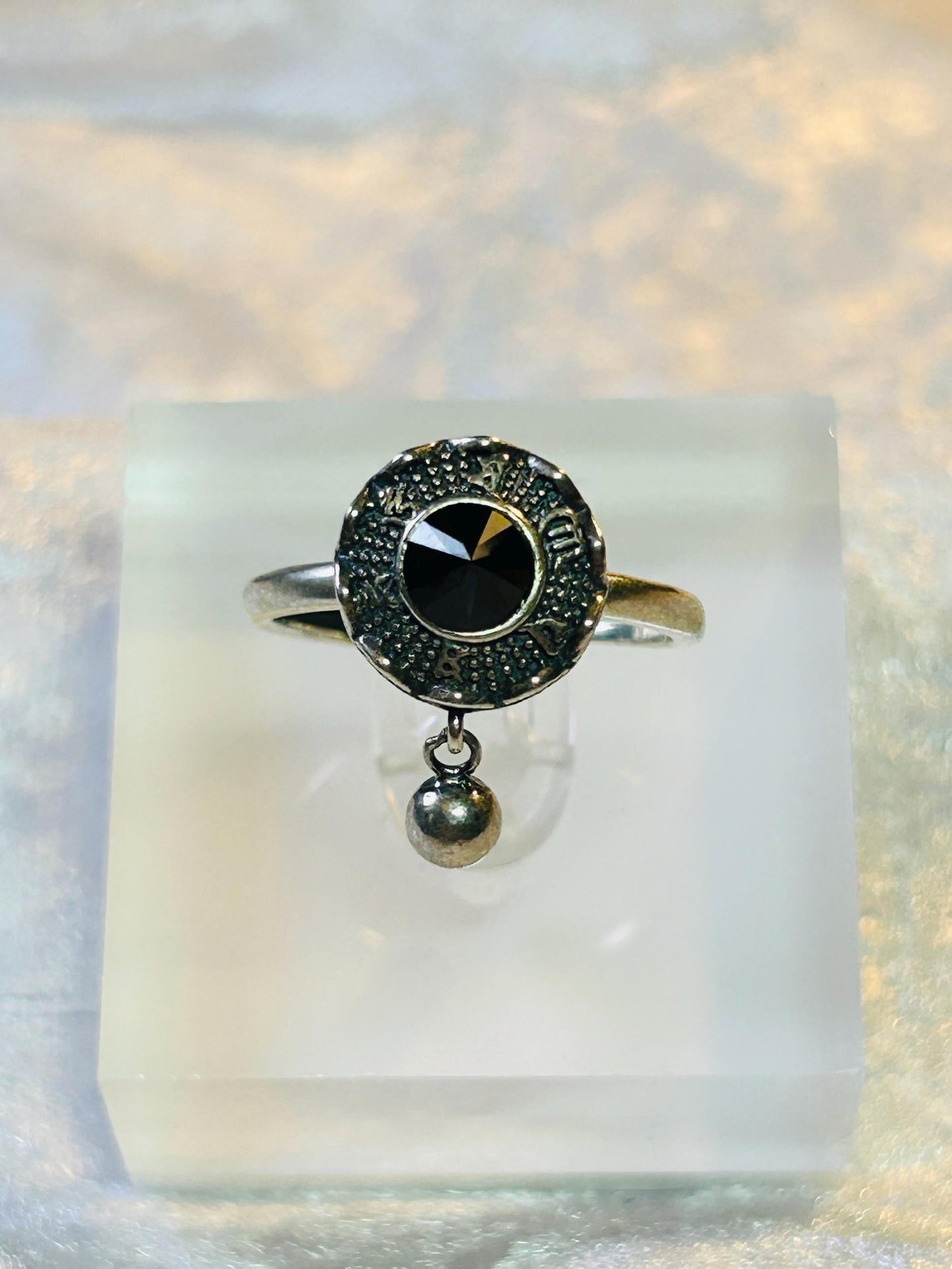 Lotus Flower Spinner Ring With Black Spinel in 925 Sterling Silver - Adjustable Band Celtic Dragon Jewellery