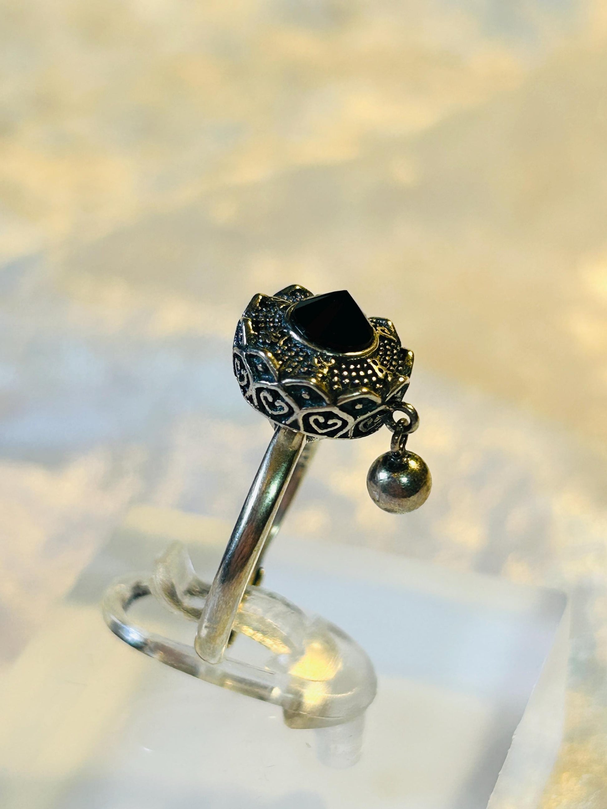 Lotus Flower Spinner Ring With Black Spinel in 925 Sterling Silver - Adjustable Band Celtic Dragon Jewellery