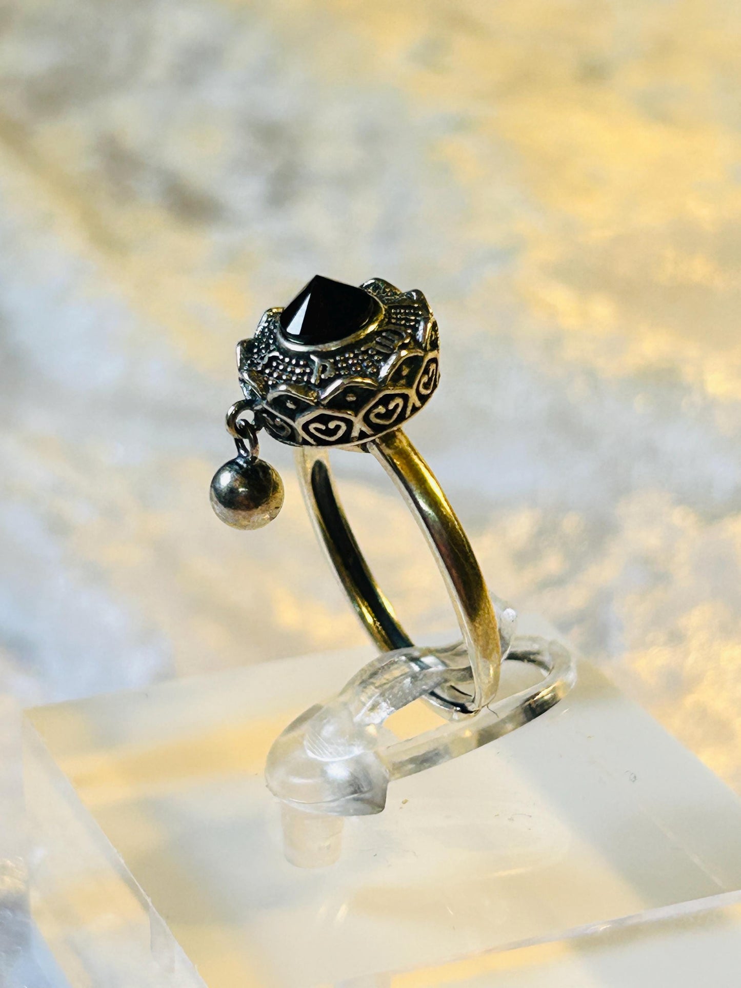 Lotus Flower Spinner Ring With Black Spinel in 925 Sterling Silver - Adjustable Band Celtic Dragon Jewellery