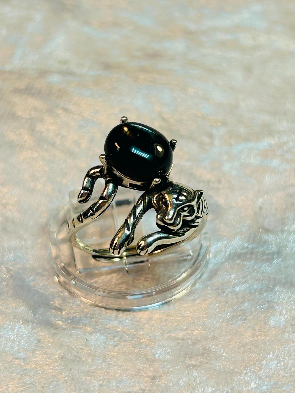 Tiger Statement Ring with Hypersthene in 925 Sterling Silver - Adjustable Animal Jewellery Celtic Dragon Jewellery