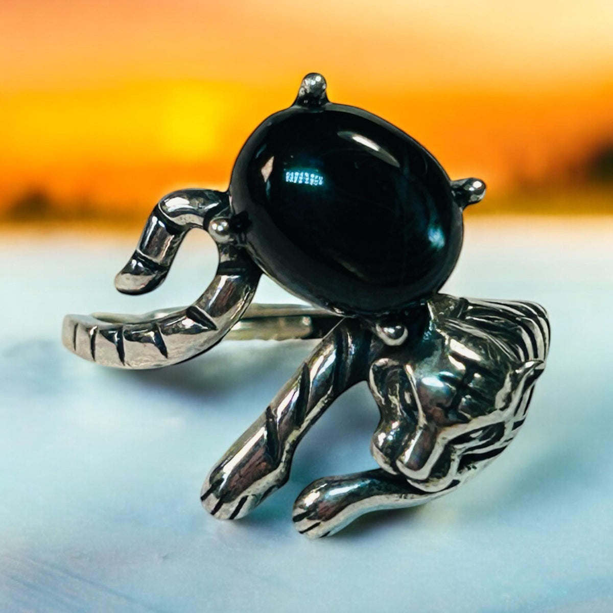 Tiger Statement Ring with Hypersthene in 925 Sterling Silver - Adjustable Animal Jewellery Celtic Dragon Jewellery